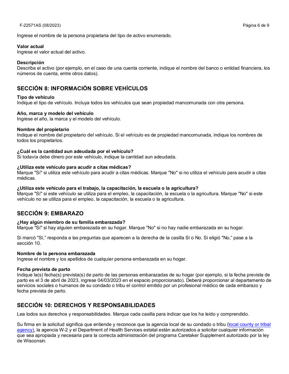 Instrucciones para Formulario F-22571 Caretaker Supplement Application - Wisconsin (Spanish), Page 6