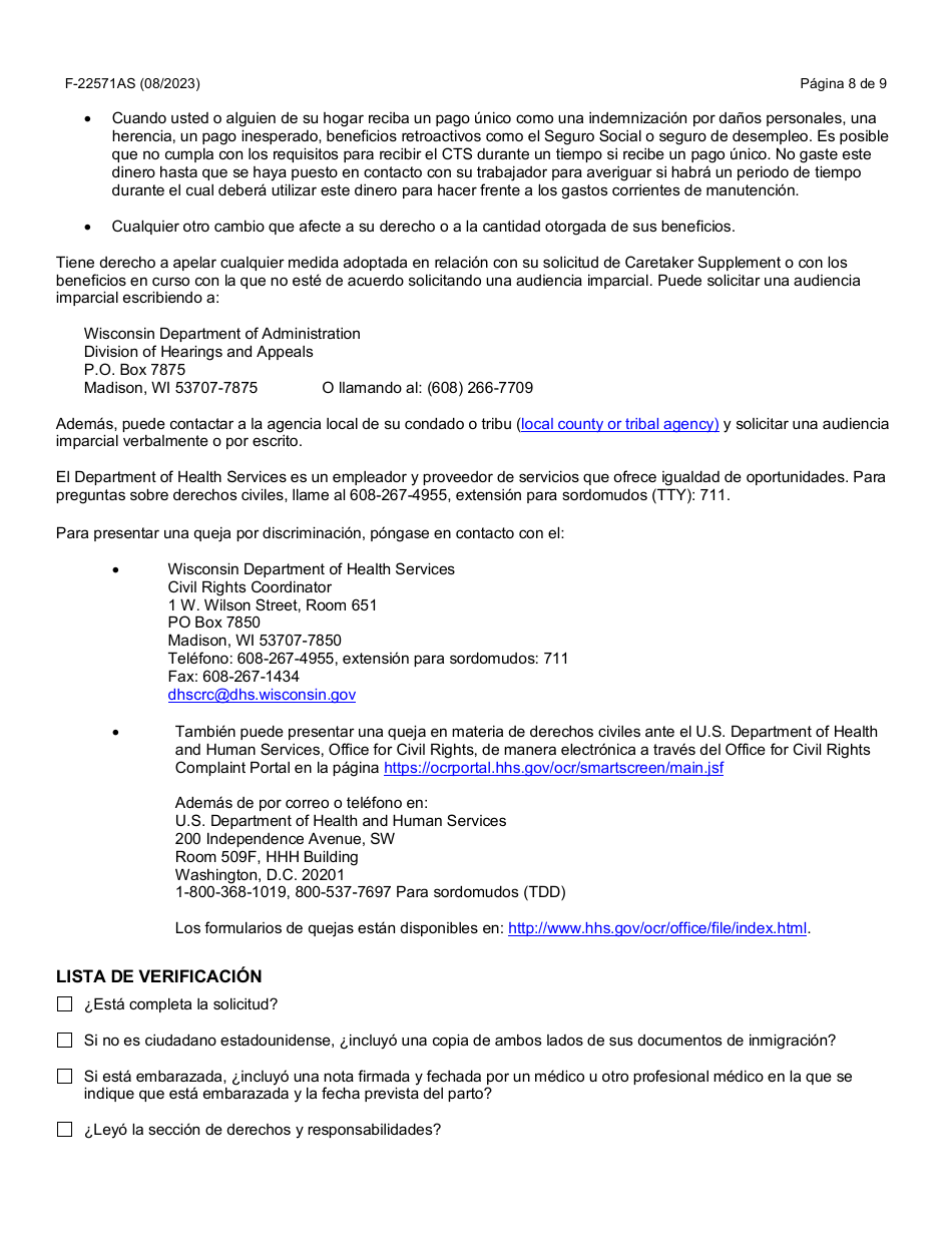 Instrucciones para Formulario F-22571 Caretaker Supplement Application - Wisconsin (Spanish), Page 8