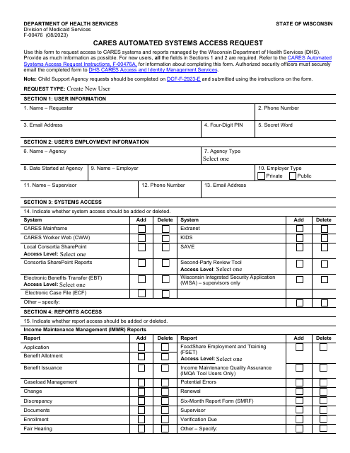 Form F-00476 Cares Automated Systems Access Request - Wisconsin