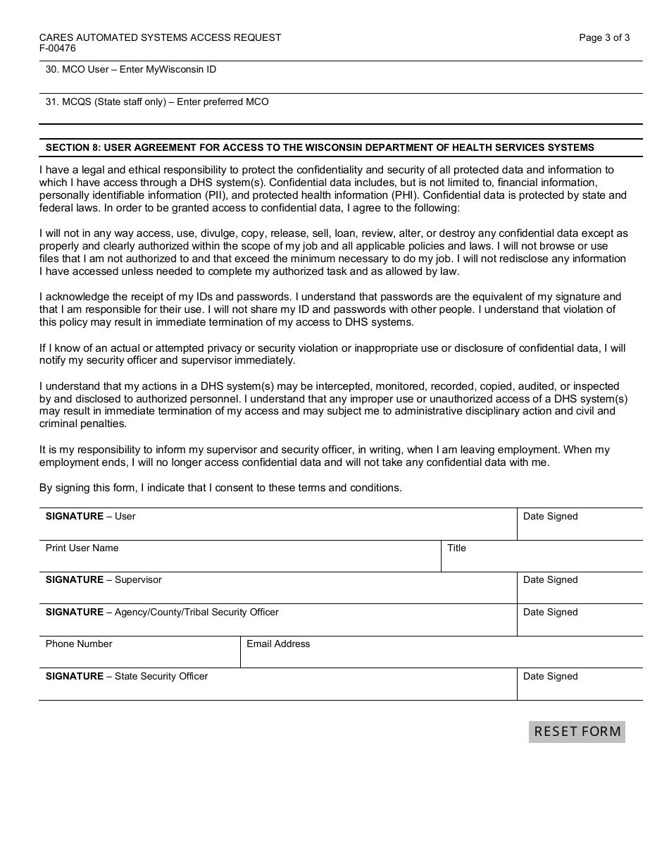 Form F-00476 Cares Automated Systems Access Request - Wisconsin, Page 3