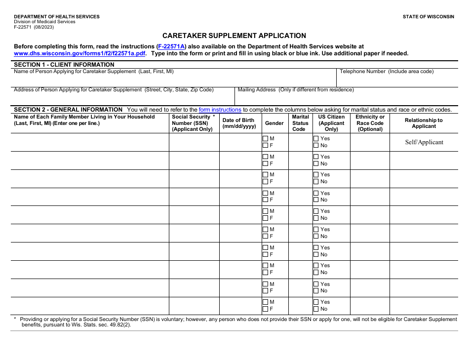 Form F-22571 Caretaker Supplement Application - Wisconsin, Page 1