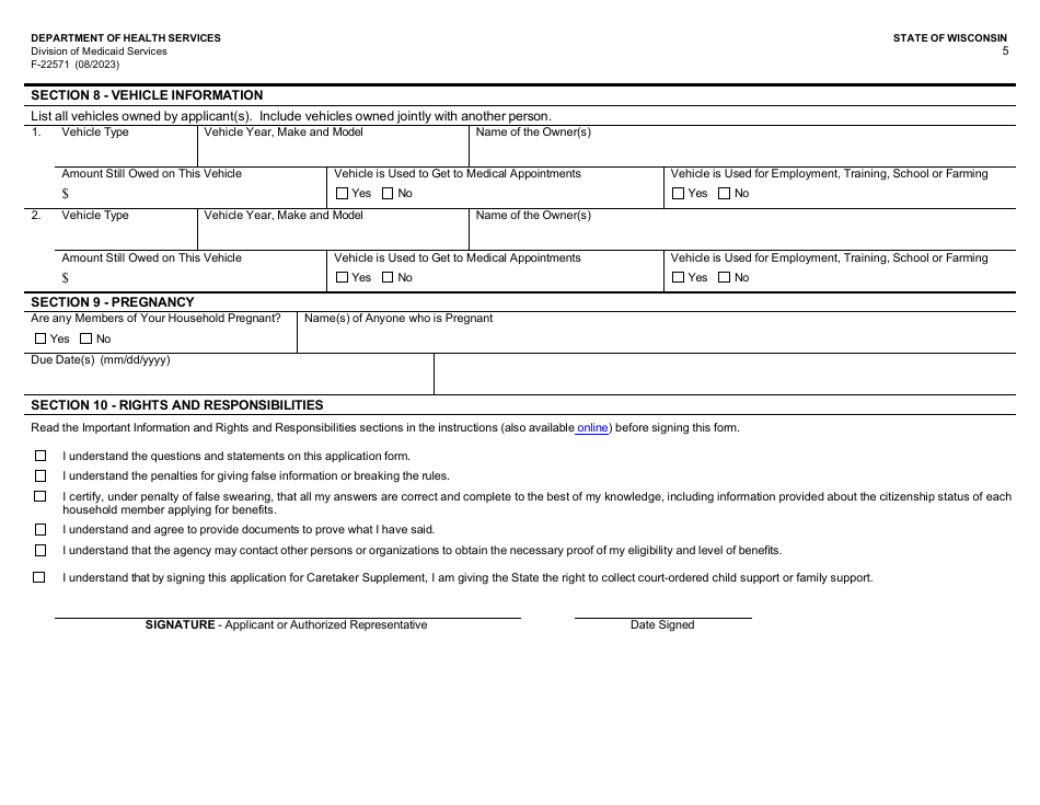 Form F-22571 Caretaker Supplement Application - Wisconsin, Page 5