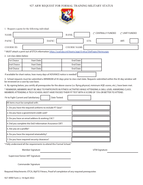 927ARW Form 2 Request for Formal Training Military Status