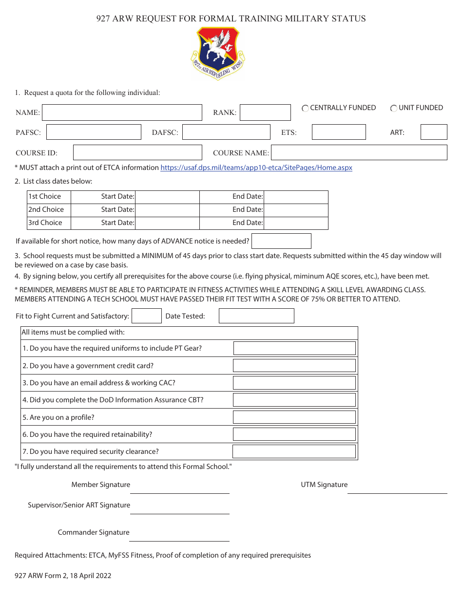 927ARW Form 2 Request for Formal Training Military Status, Page 1