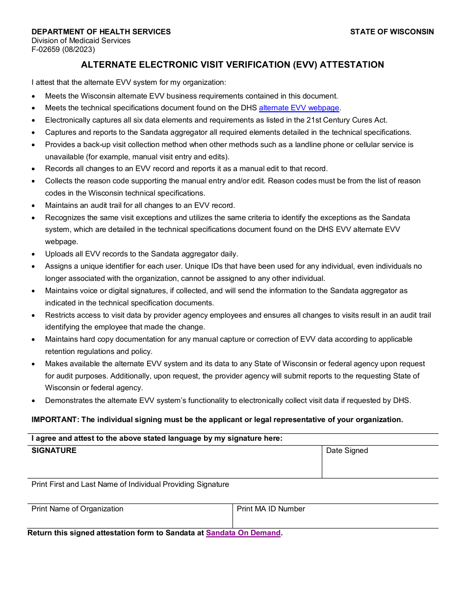 Form F-02659 Alternate Electronic Visit Verification (Evv) Attestation - Wisconsin, Page 1