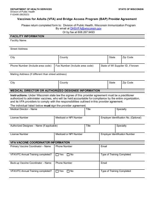 Form F-02495 Vaccines for Adults (Vfa) and Bridge Access Program (Bap) Provider Agreement - Wisconsin