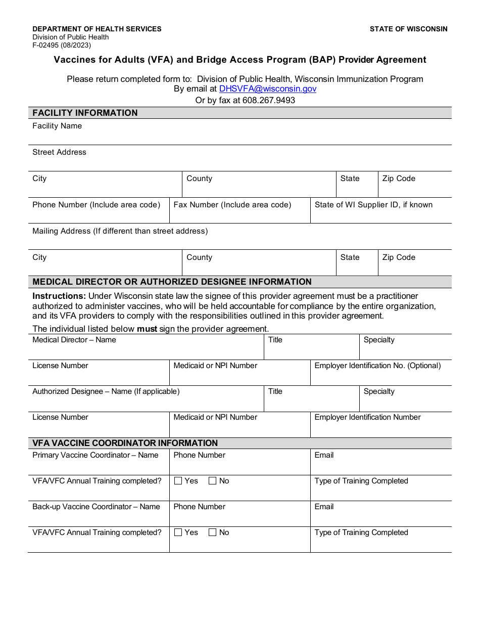 Form F-02495 Vaccines for Adults (Vfa) and Bridge Access Program (Bap) Provider Agreement - Wisconsin, Page 1
