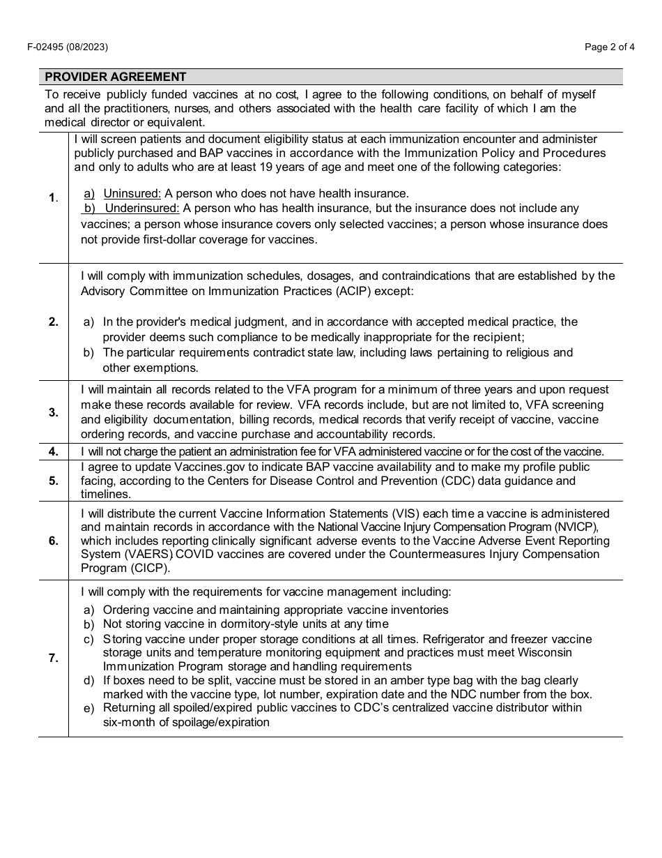 Form F-02495 Vaccines for Adults (Vfa) and Bridge Access Program (Bap) Provider Agreement - Wisconsin, Page 2