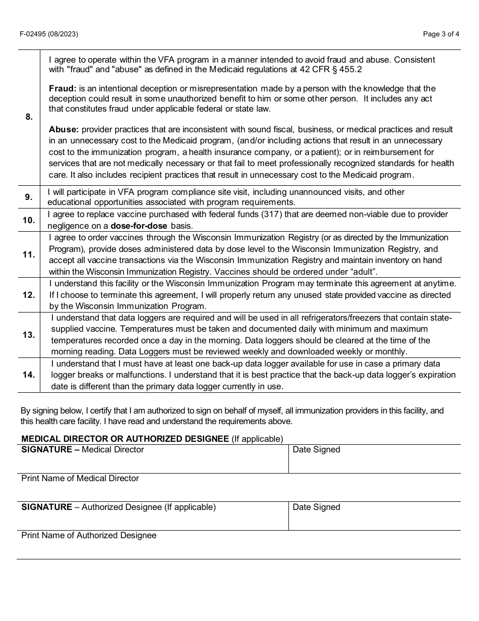 Form F-02495 Vaccines for Adults (Vfa) and Bridge Access Program (Bap) Provider Agreement - Wisconsin, Page 3