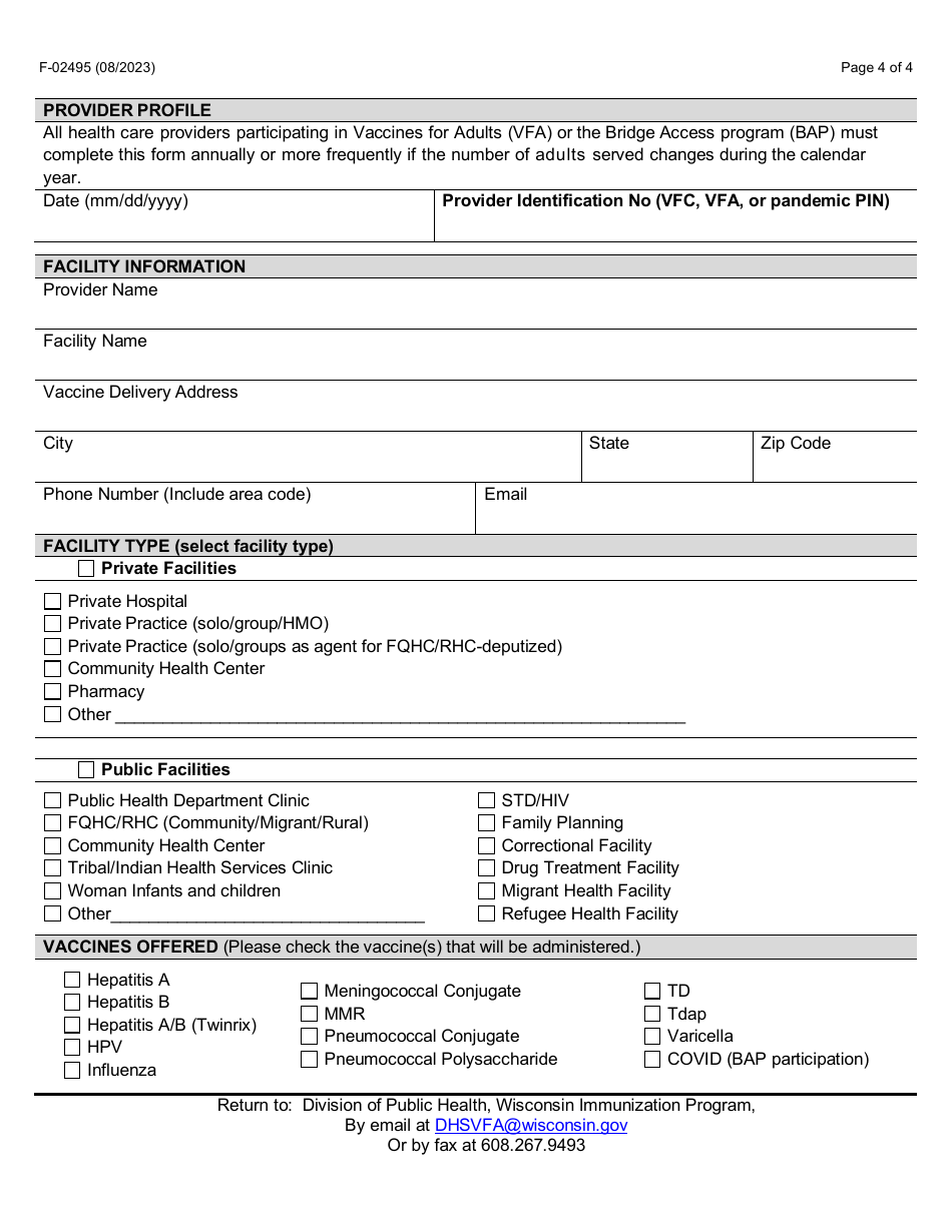 Form F-02495 Vaccines for Adults (Vfa) and Bridge Access Program (Bap) Provider Agreement - Wisconsin, Page 4