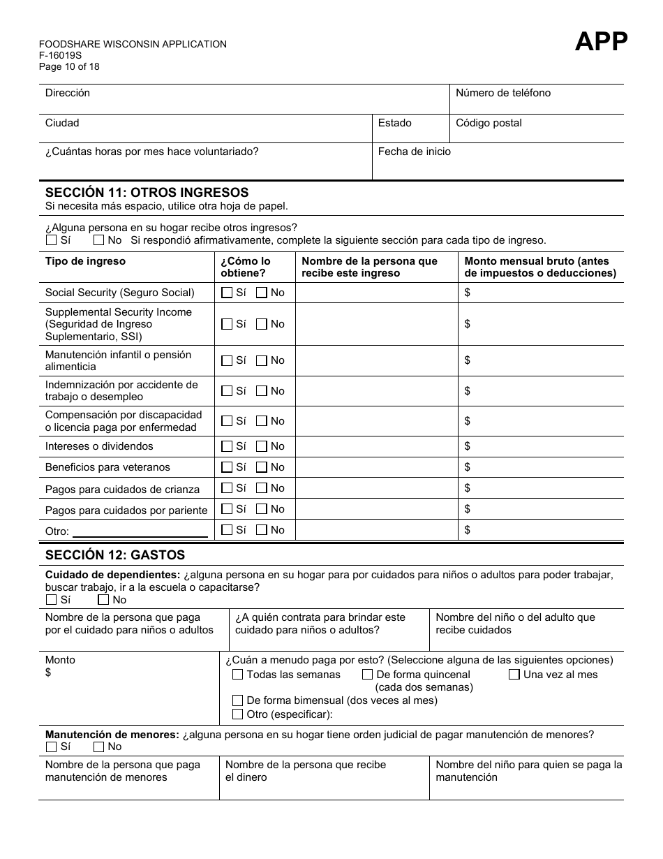 Formulario F-16019S Wisconsin Foodshare Solicitud - Wisconsin (Spanish), Page 10