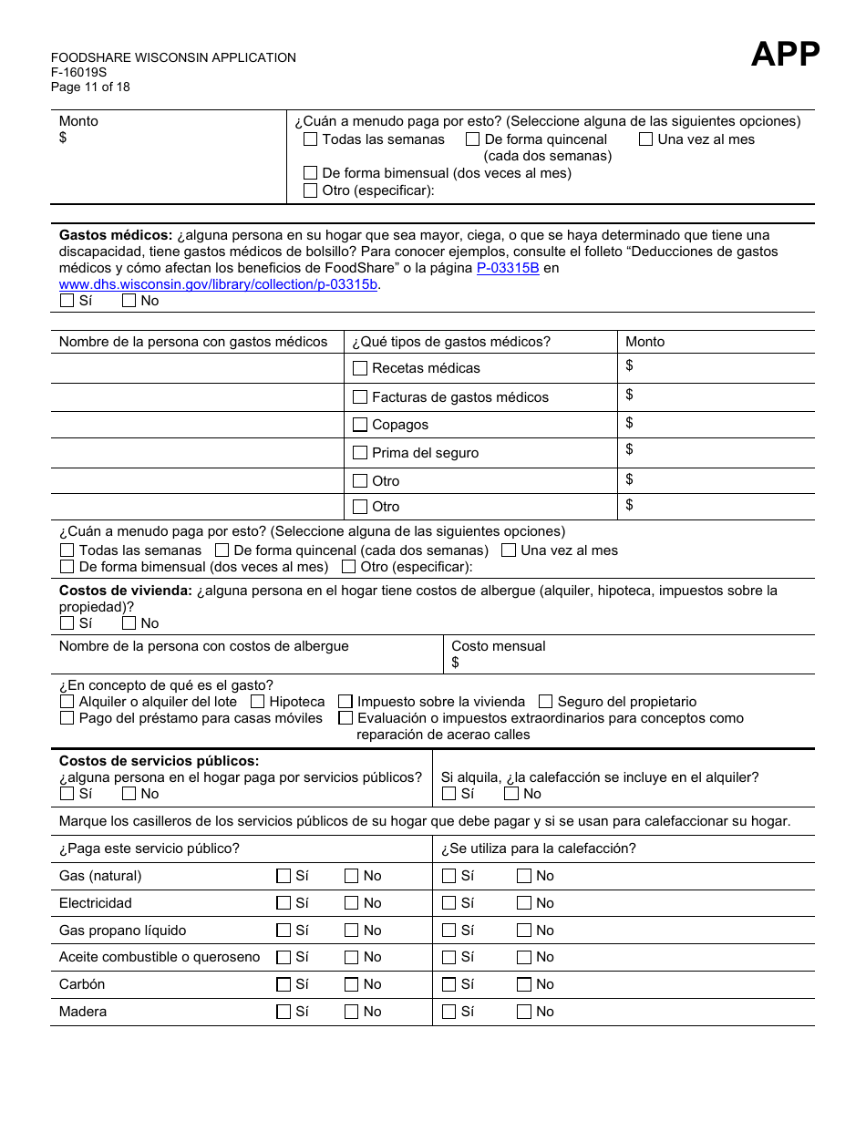 Formulario F-16019S Wisconsin Foodshare Solicitud - Wisconsin (Spanish), Page 11