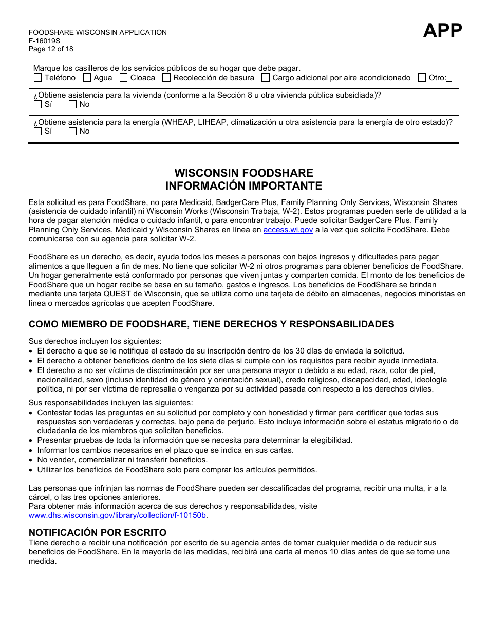 Formulario F-16019S Wisconsin Foodshare Solicitud - Wisconsin (Spanish), Page 12