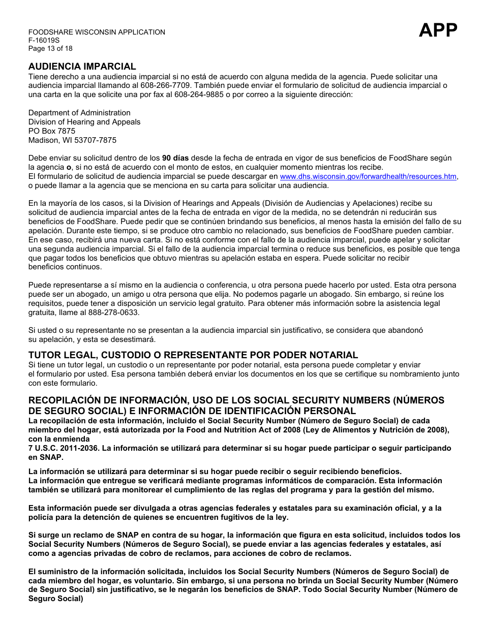Formulario F-16019S Wisconsin Foodshare Solicitud - Wisconsin (Spanish), Page 13