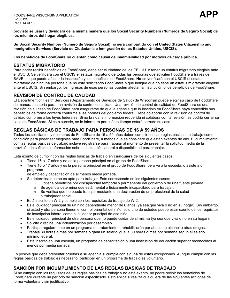 Formulario F-16019S Wisconsin Foodshare Solicitud - Wisconsin (Spanish), Page 14