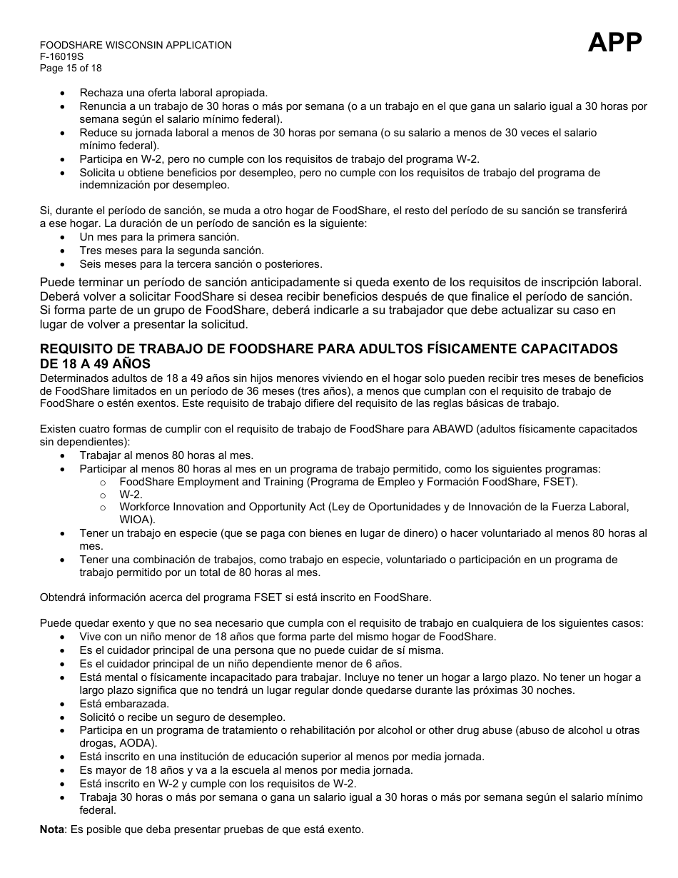 Formulario F-16019S Wisconsin Foodshare Solicitud - Wisconsin (Spanish), Page 15