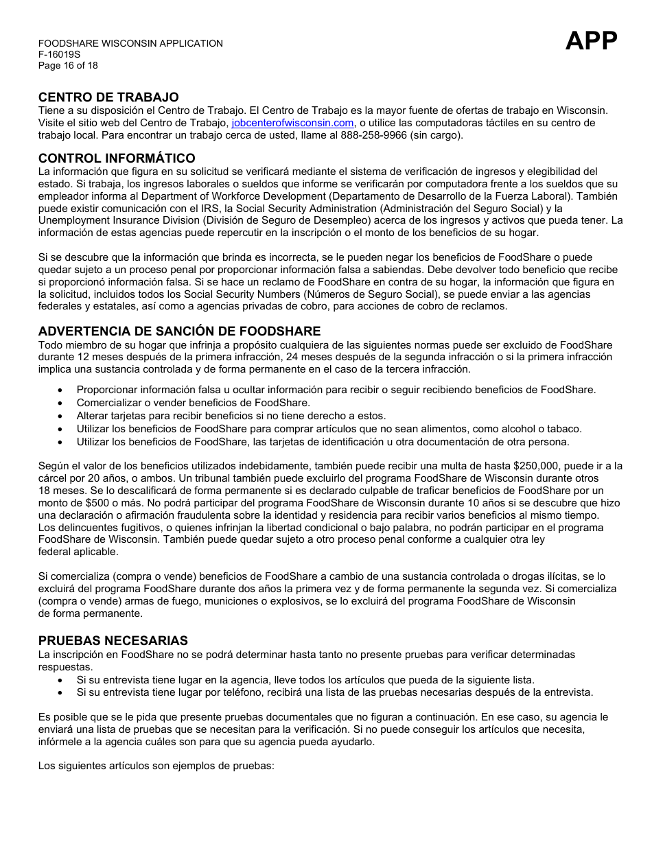 Formulario F-16019S Wisconsin Foodshare Solicitud - Wisconsin (Spanish), Page 16