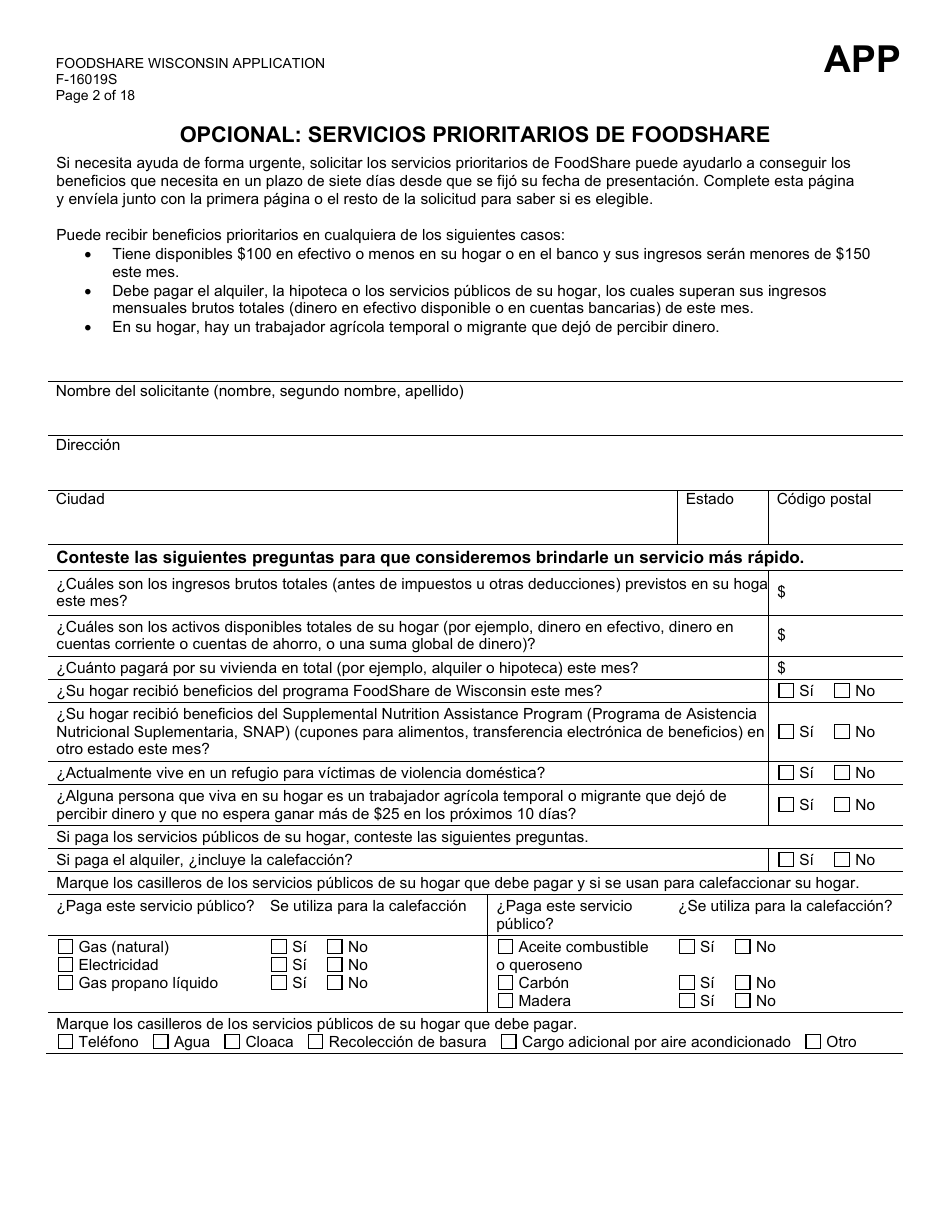 Formulario F-16019S Wisconsin Foodshare Solicitud - Wisconsin (Spanish), Page 2