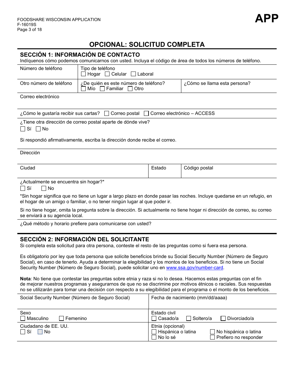 Formulario F-16019S Wisconsin Foodshare Solicitud - Wisconsin (Spanish), Page 3