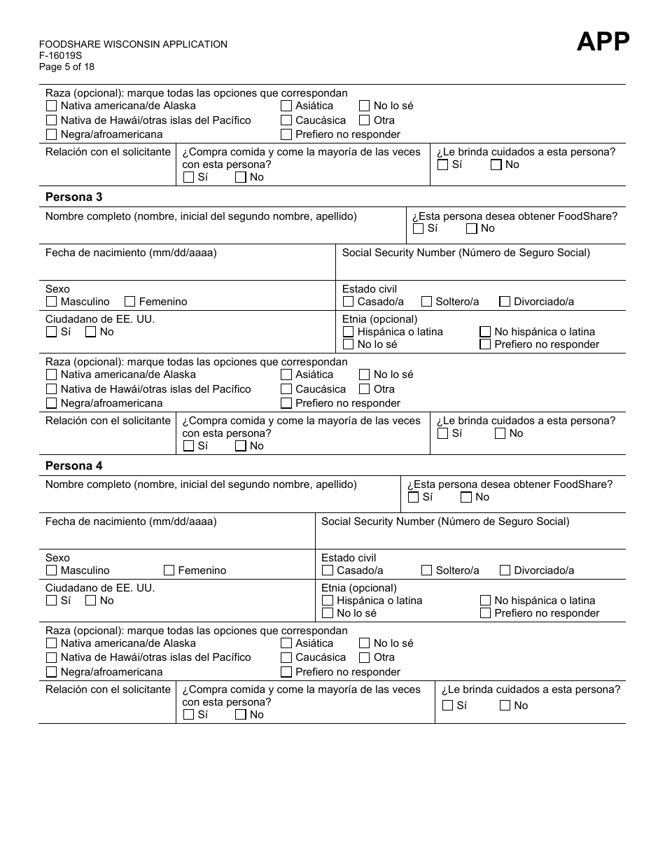 Formulario F-16019S Wisconsin Foodshare Solicitud - Wisconsin (Spanish), Page 5