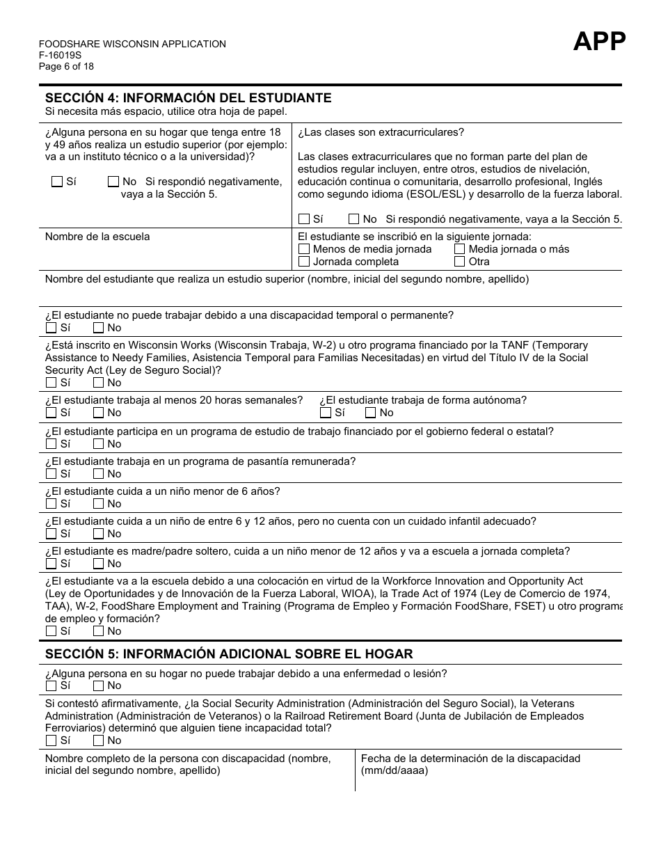 Formulario F-16019S Wisconsin Foodshare Solicitud - Wisconsin (Spanish), Page 6