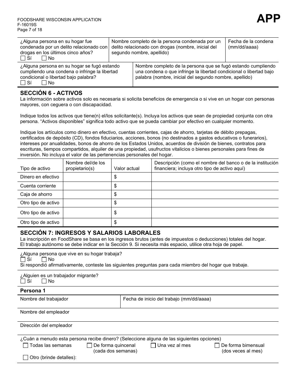 Formulario F-16019S Wisconsin Foodshare Solicitud - Wisconsin (Spanish), Page 7