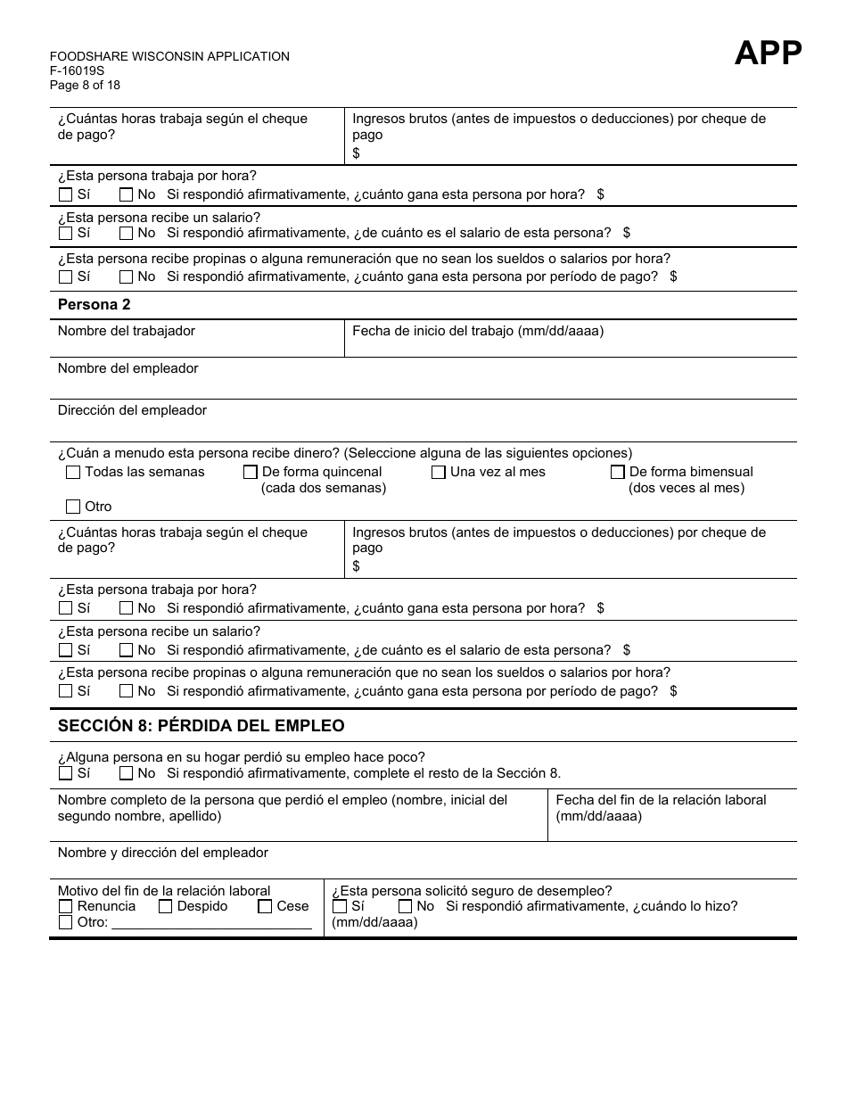 Formulario F-16019S Wisconsin Foodshare Solicitud - Wisconsin (Spanish), Page 8