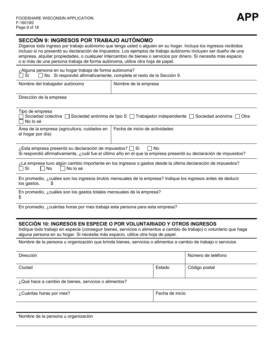 Formulario F-16019S Wisconsin Foodshare Solicitud - Wisconsin (Spanish), Page 9