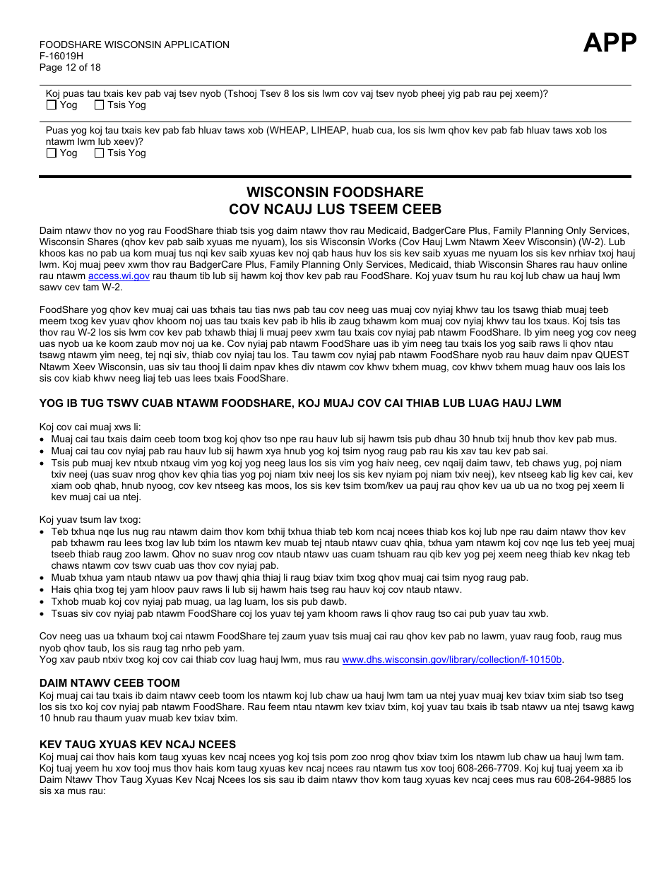 Form F-16019H Wisconsin Foodshare Application - Wisconsin (Hmong), Page 12