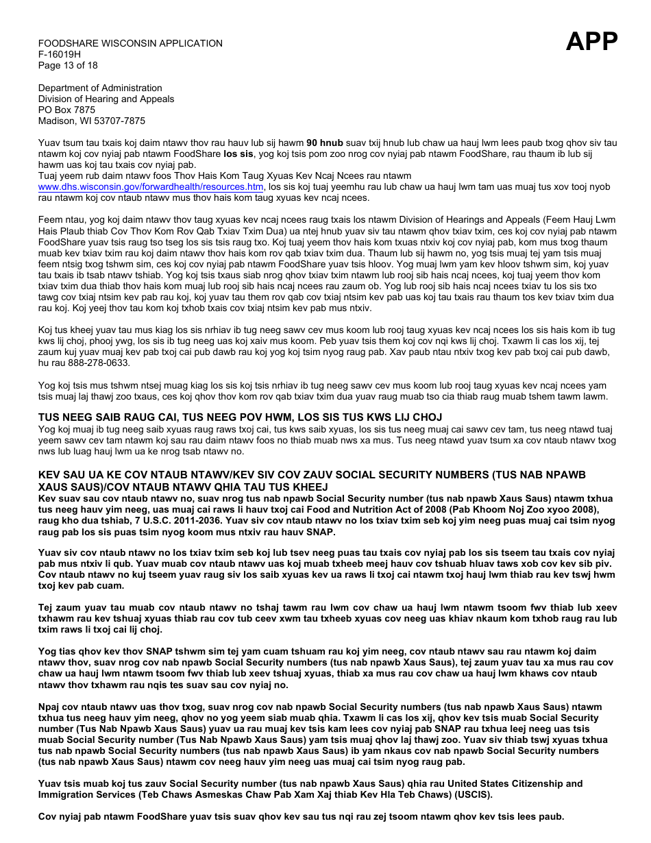 Form F-16019H Wisconsin Foodshare Application - Wisconsin (Hmong), Page 13