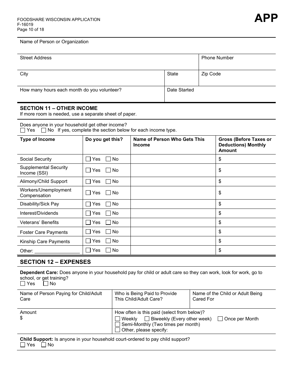 Form F-16019 Wisconsin Foodshare Application - Wisconsin, Page 10