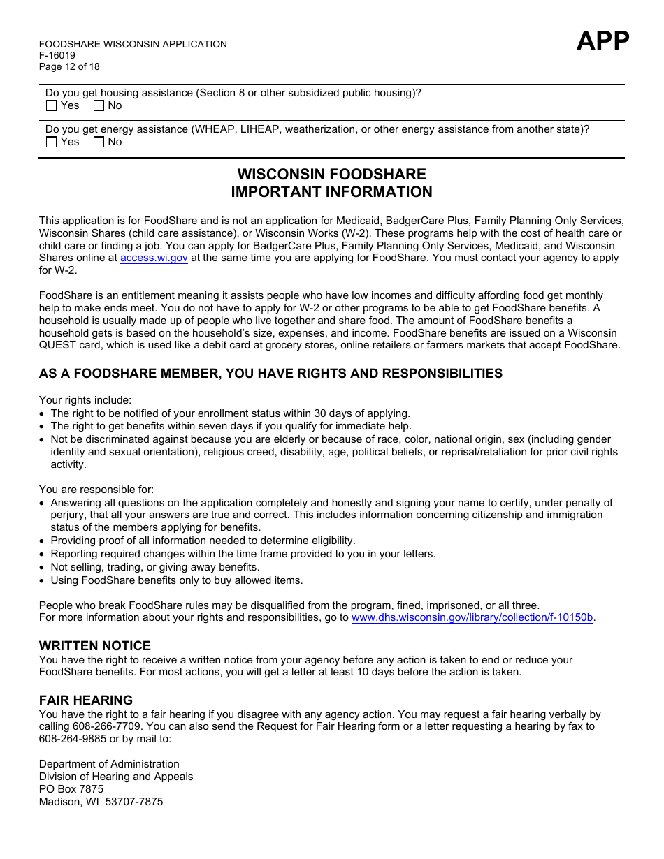 Form F-16019 Wisconsin Foodshare Application - Wisconsin, Page 12