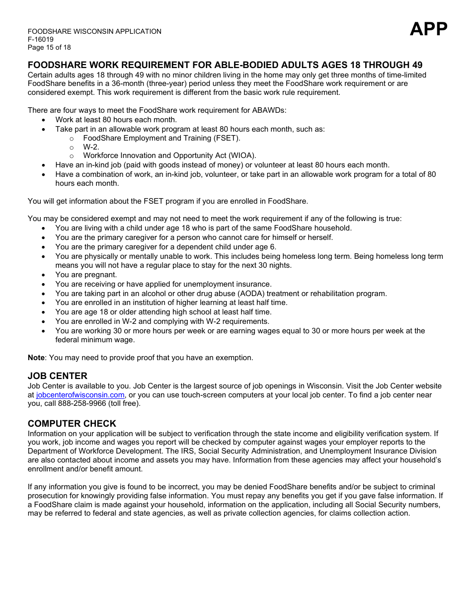 Form F-16019 Wisconsin Foodshare Application - Wisconsin, Page 15