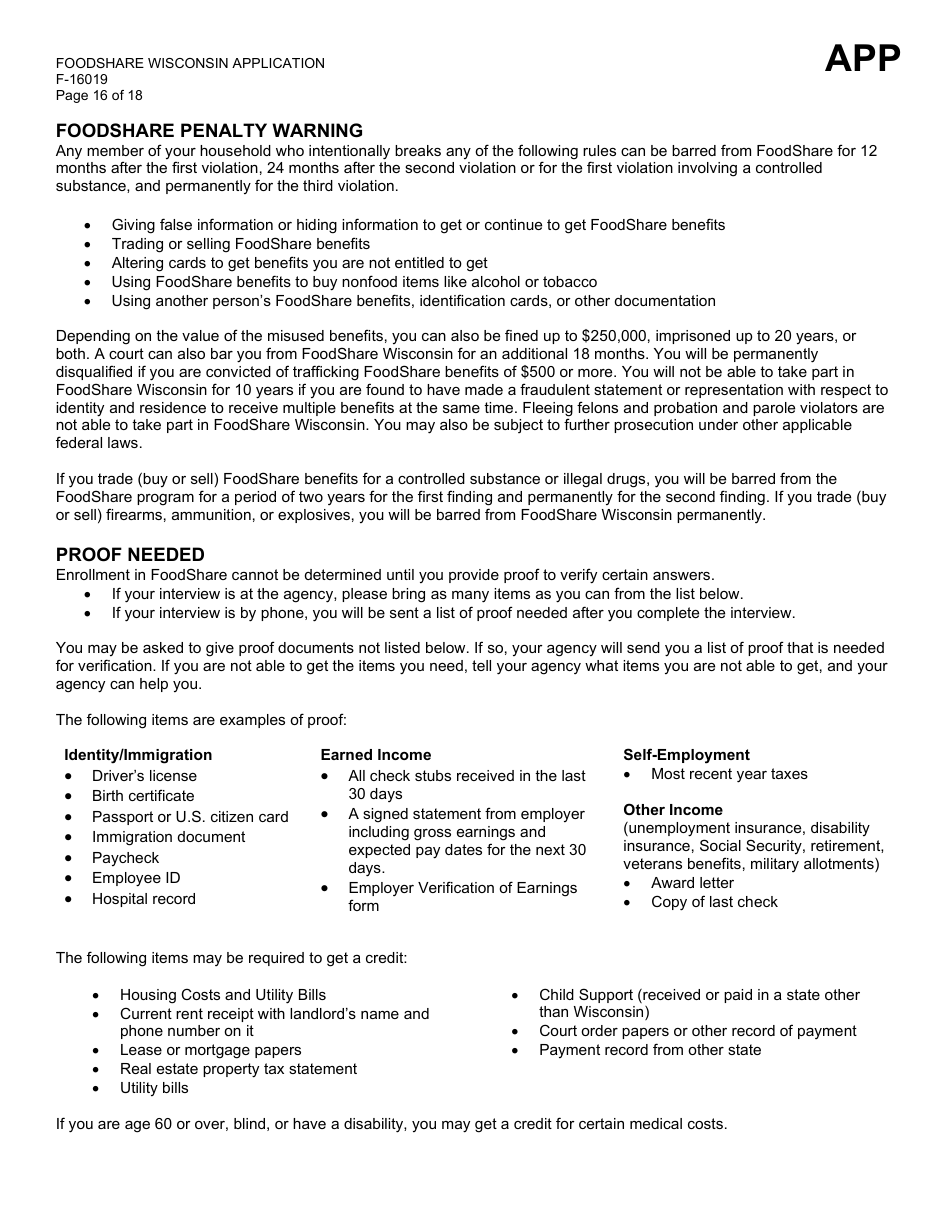 Form F-16019 Wisconsin Foodshare Application - Wisconsin, Page 16