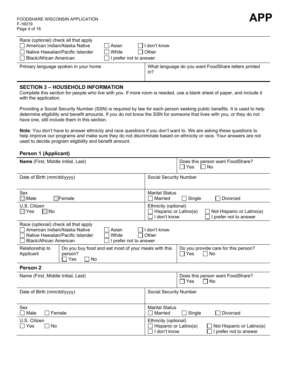 Form F-16019 Wisconsin Foodshare Application - Wisconsin, Page 4