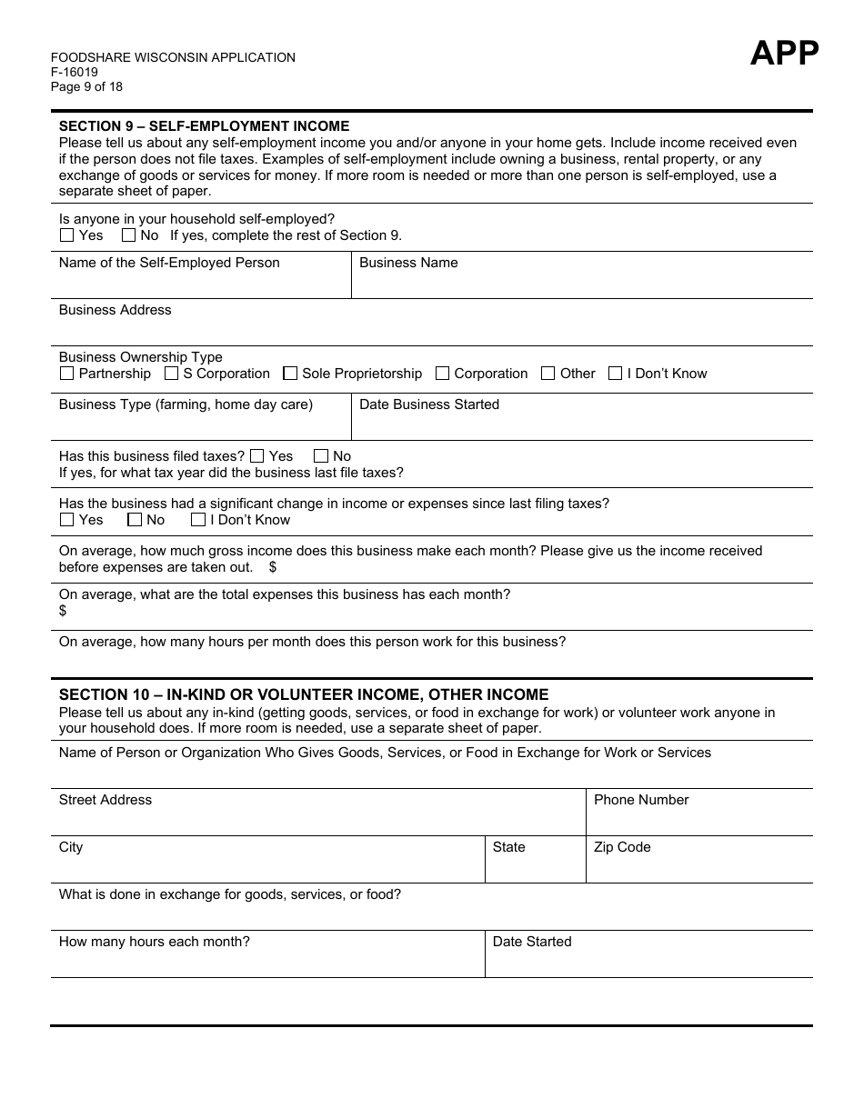 Form F-16019 Wisconsin Foodshare Application - Wisconsin, Page 9