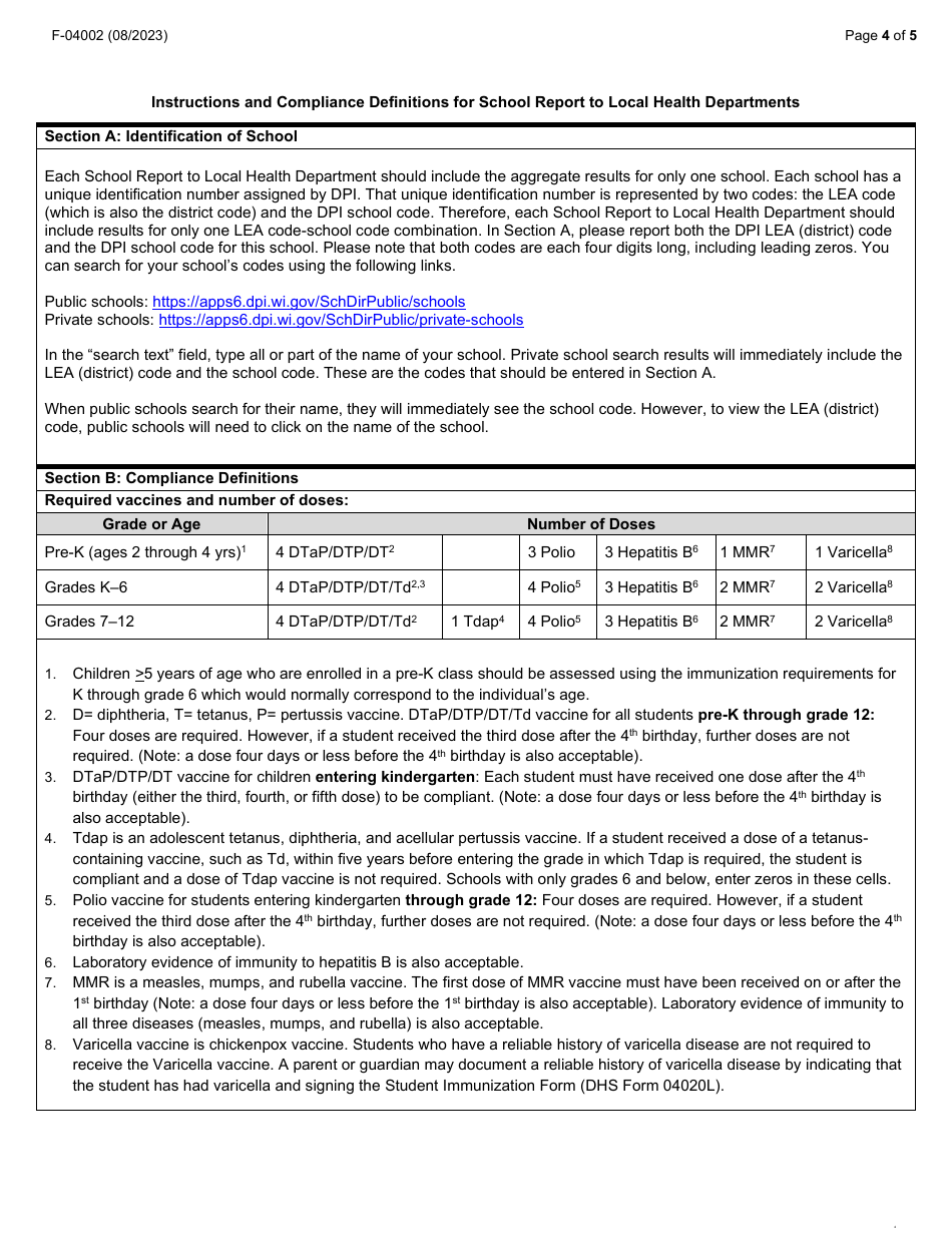 Form F-04002 School Report to Local Health Department - Wisconsin, Page 4