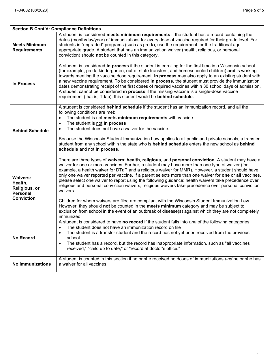Form F-04002 School Report to Local Health Department - Wisconsin, Page 5