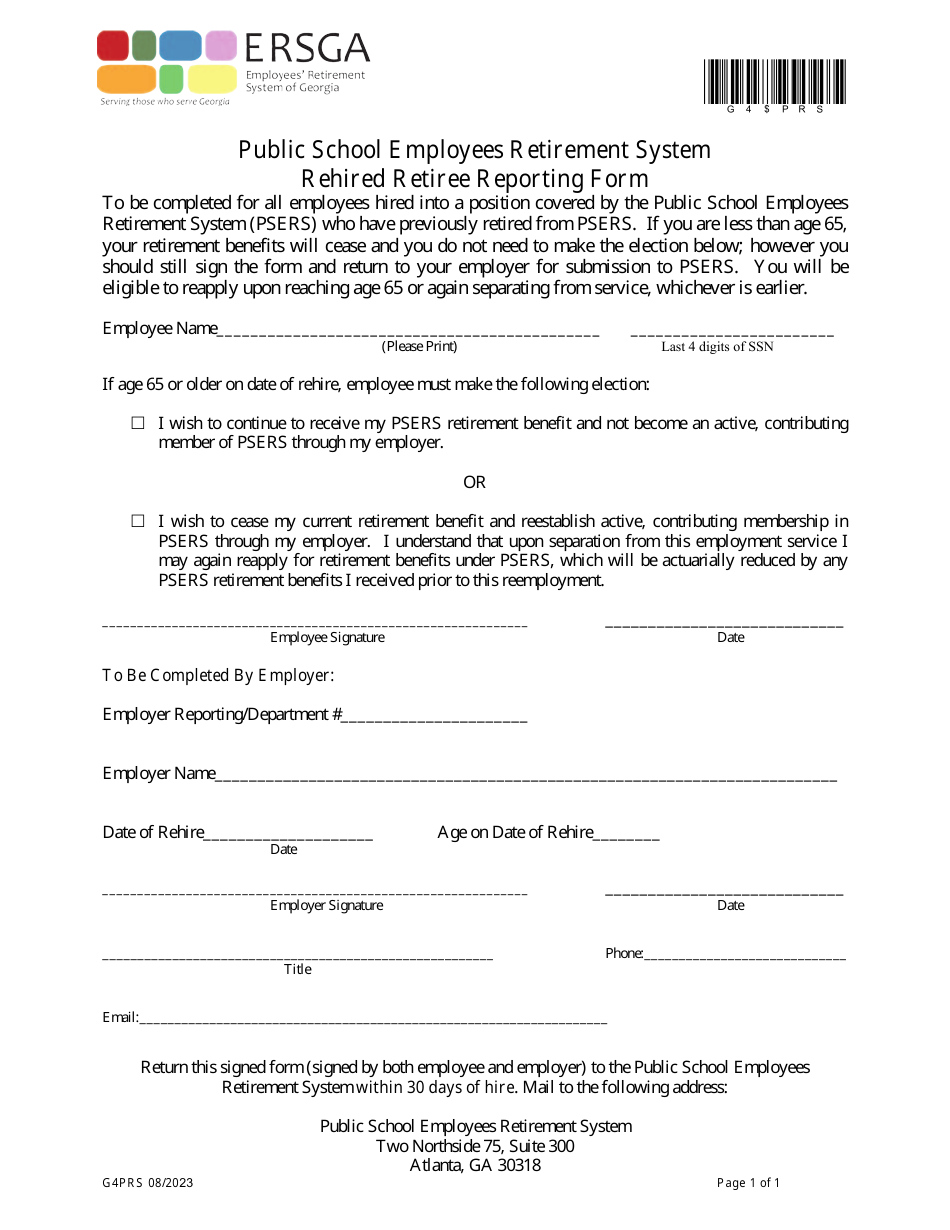 Form G4PRS Public School Employees Retirement System Rehired Retiree Reporting Form - Georgia (United States), Page 1
