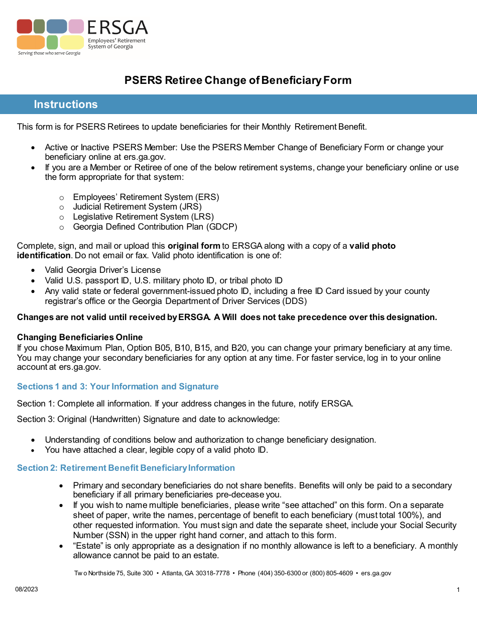 Form D6-PRS Psers Retiree Change of Beneficiary Form - Georgia (United States), Page 1