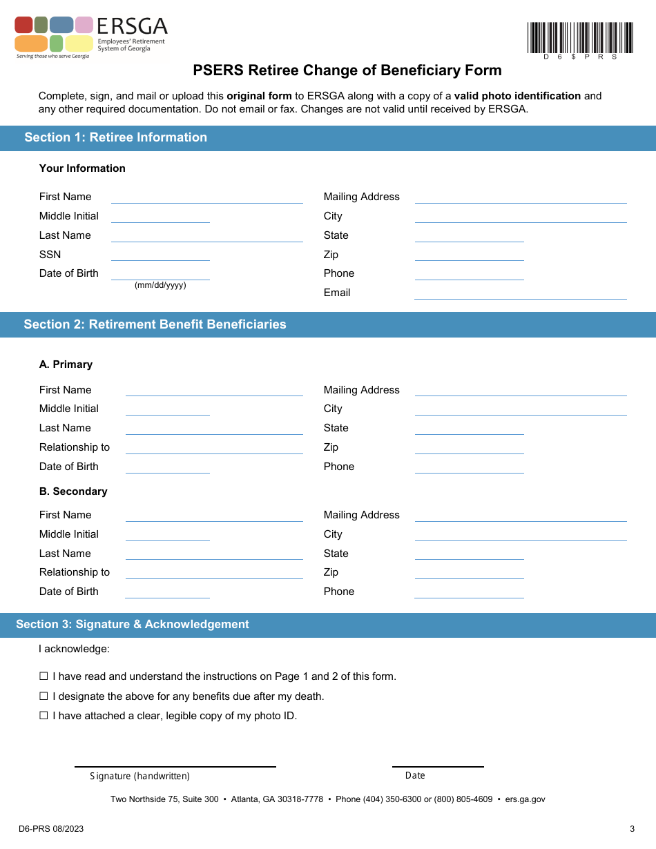Form D6-PRS Psers Retiree Change of Beneficiary Form - Georgia (United States), Page 3