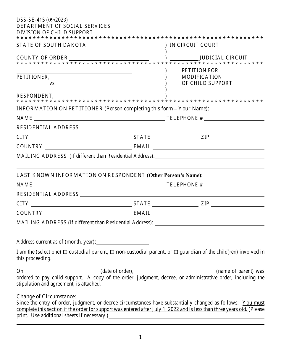 Form DSS-SE-415 Petition for Modification Form - South Dakota, Page 4