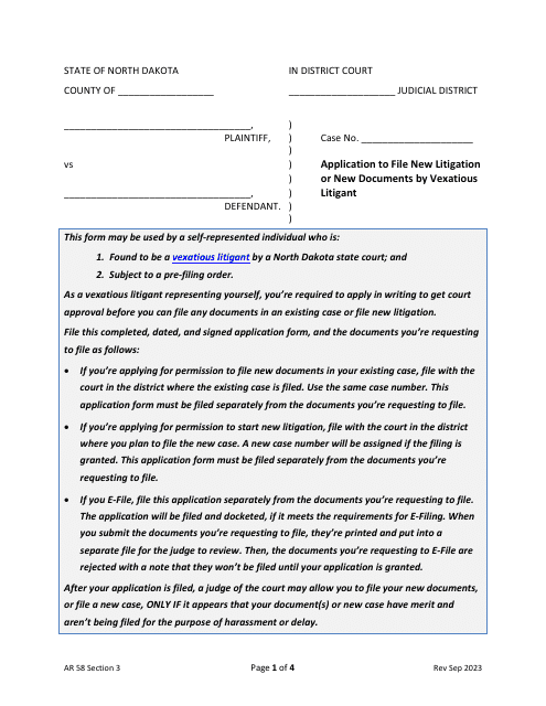 Application to File New Litigation or New Documents by Vexatious Litigant - North Dakota Download Pdf
