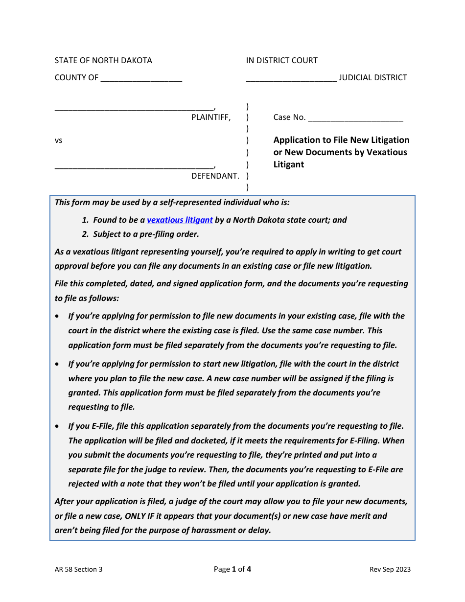 Application to File New Litigation or New Documents by Vexatious Litigant - North Dakota, Page 1