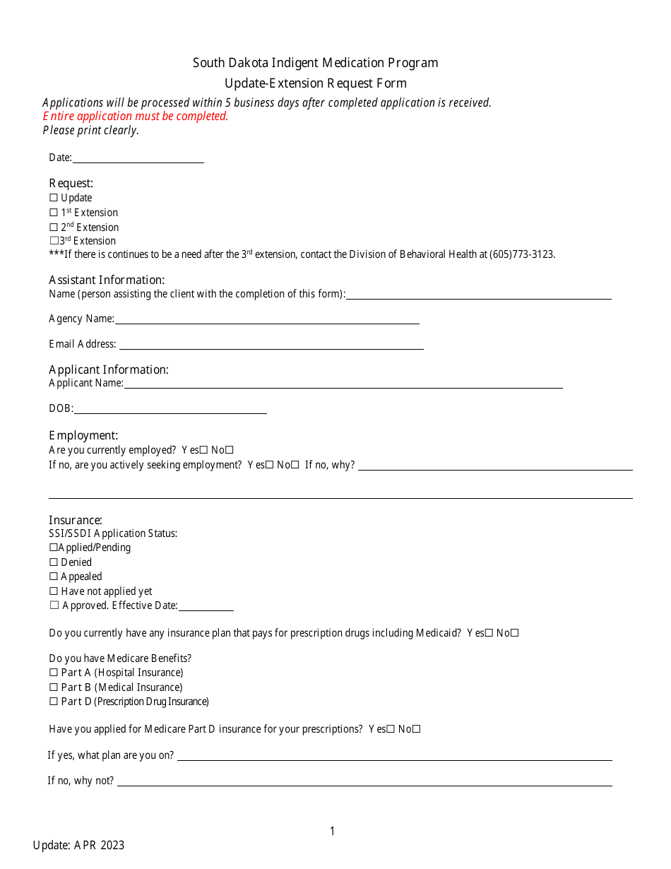 Update / Extension Request Form - Indigent Medication Program - South Dakota, Page 1