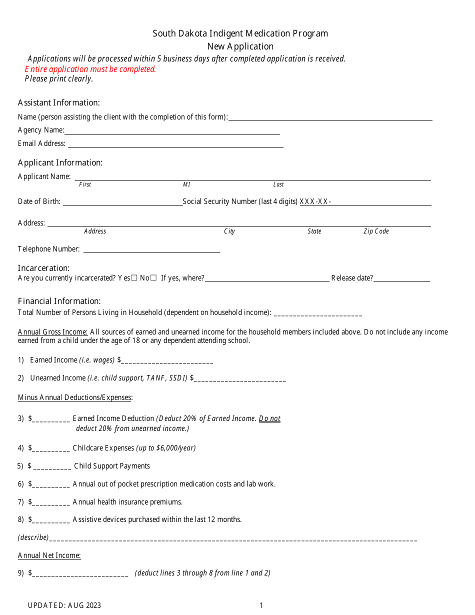 South Dakota New Application Indigent Medication Program Fill Out