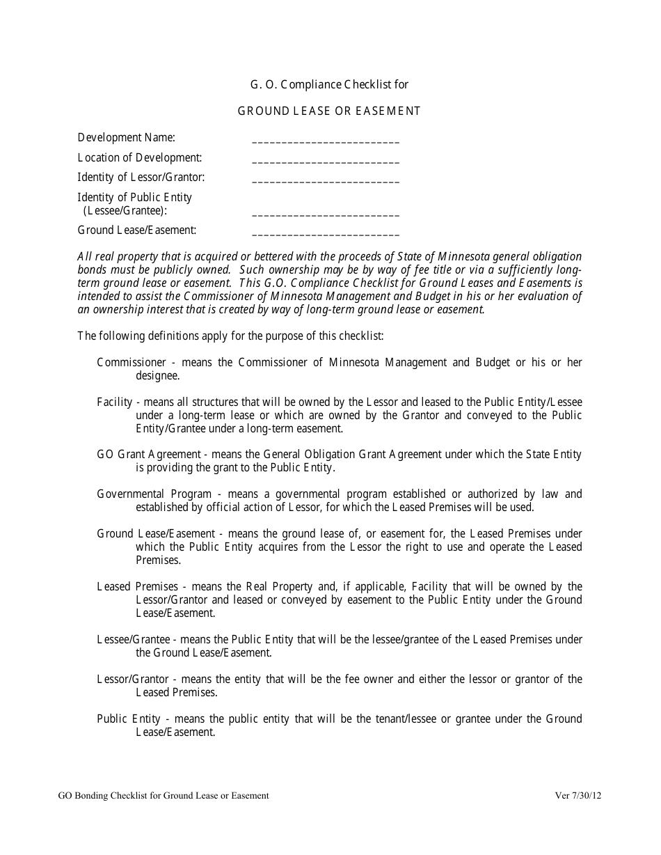 G. O. Compliance Checklist for Ground Lease or Easement - Minnesota, Page 1