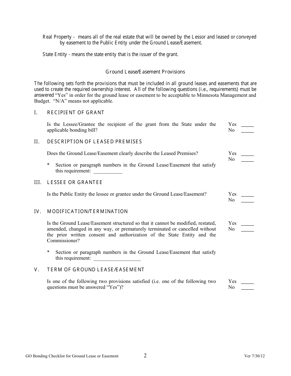 G. O. Compliance Checklist for Ground Lease or Easement - Minnesota, Page 2