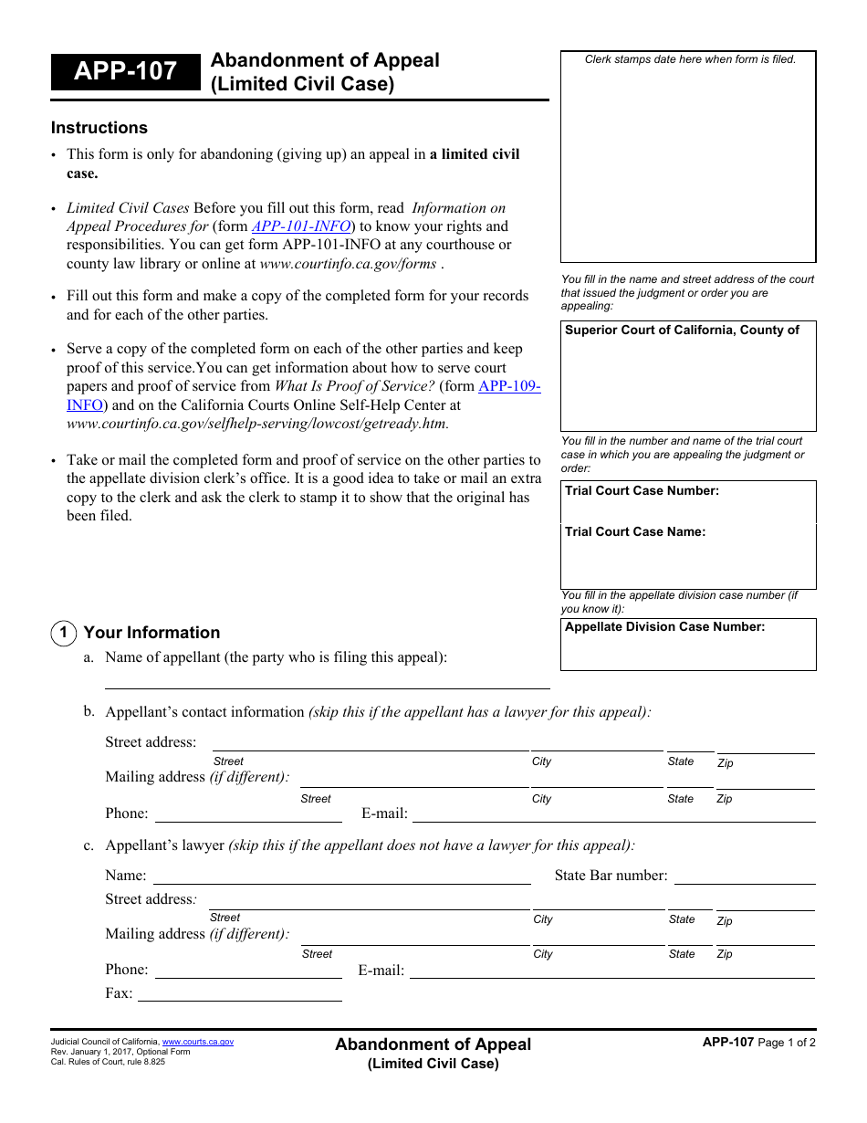 Form APP-107 Abandonment of Appeal (Limited Civil Case) - California, Page 1