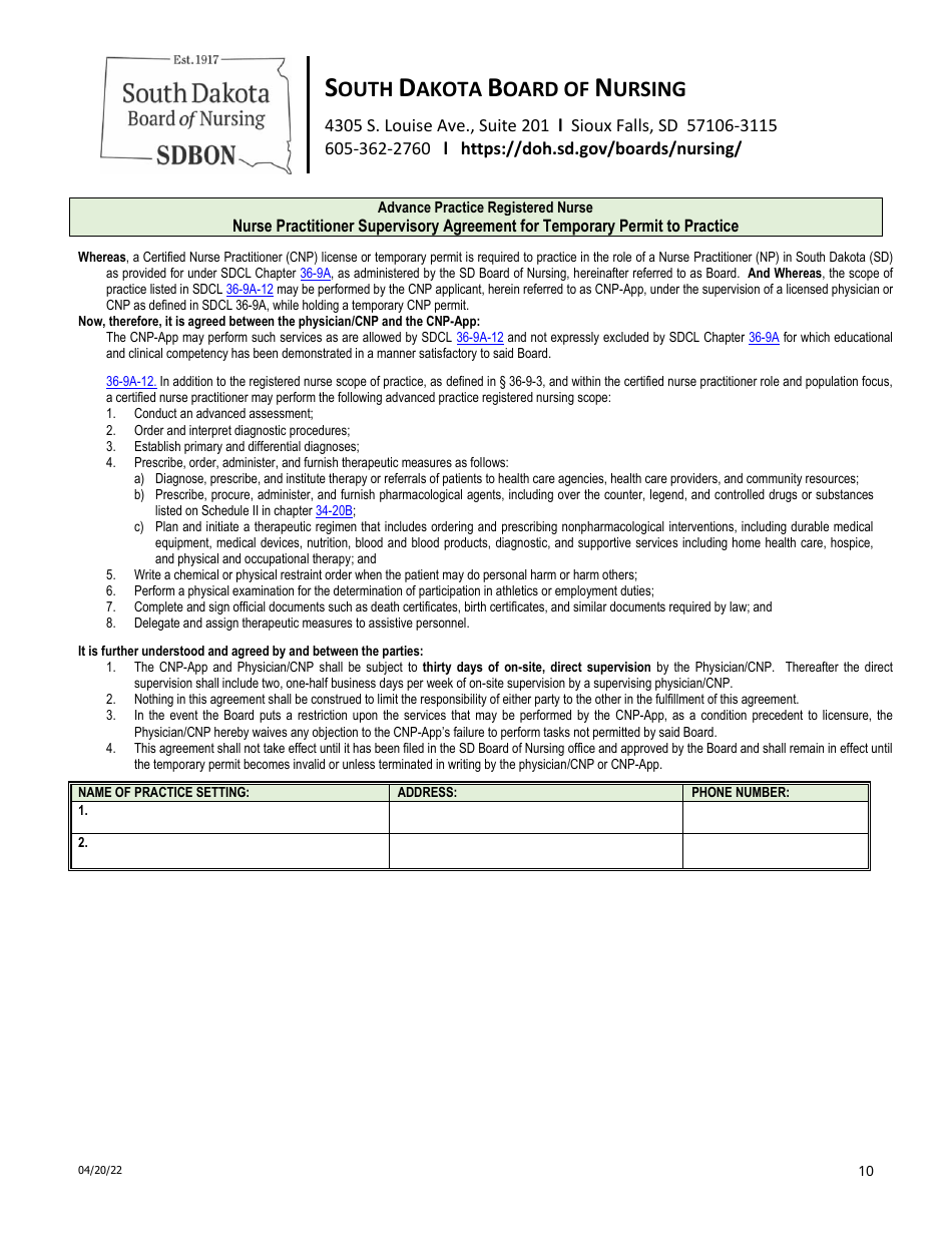 Certified Nurse Practitioner Licensure by Examination Application - South Dakota, Page 10